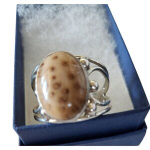 Ring Petrified Palmwood  Silver   Size 13 1/2  10 gr Stone 20 x 15 mm  Jerry Fra